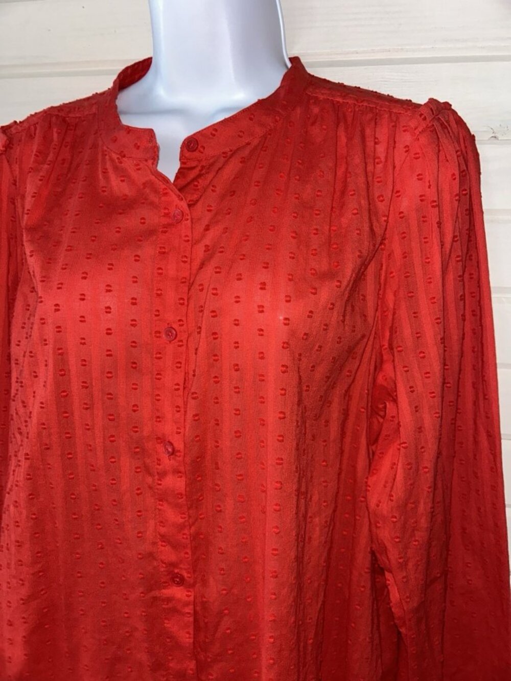 J. CREW Sz LARGE Red Swiss Dot Blouse 100% Cotton Button Up Band Collar EUC